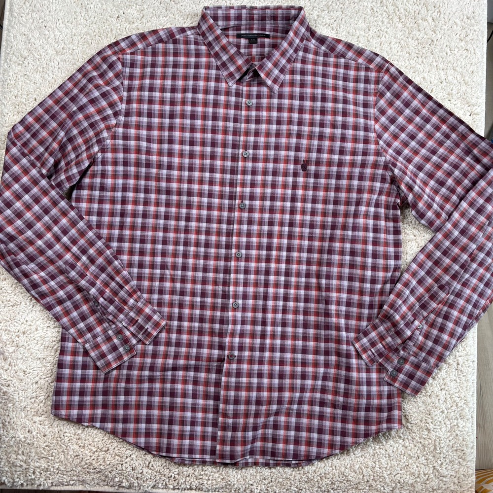 John Varvatos USA Button‎ Down Mens XXL Burgundy Plaid Excellent Peace Sign
